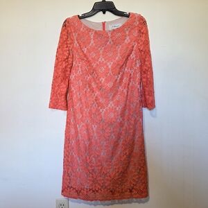 J. Howard Coral Floral Lace Sheath Dress Size 12 Wedding Guest Easter EUC